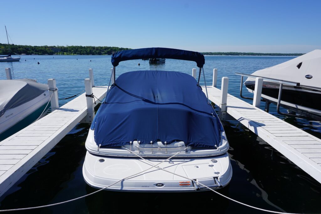 blue cover on speedboat
