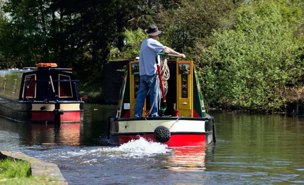 Old couple traveling with narrowboat in UK
